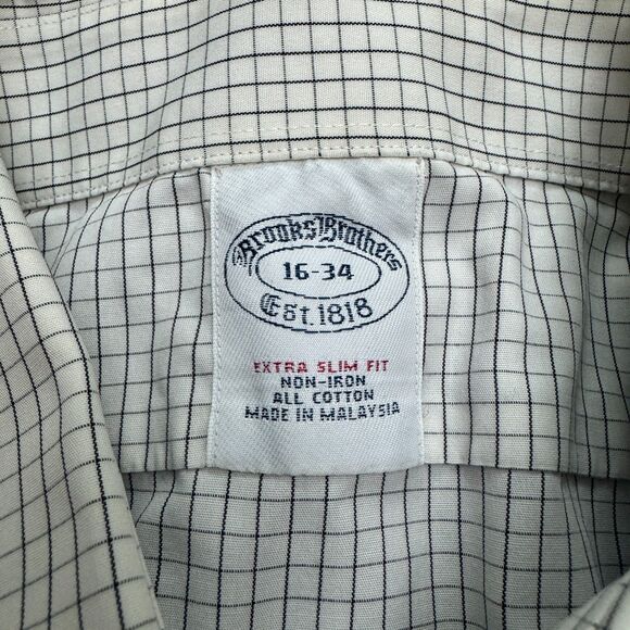 Brooks Brothers Extra Slim Non Iron Dress Shirt Mens 16 34 White Blue Check Work - Picture 11 of 16